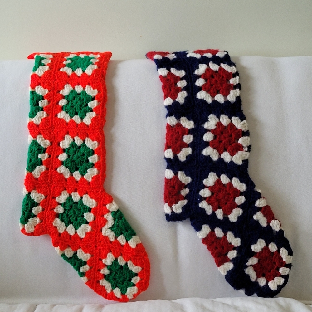 Vintage GRANNY SQUARE Christmas Stockings Crocheted Holiday Red White Green Pair